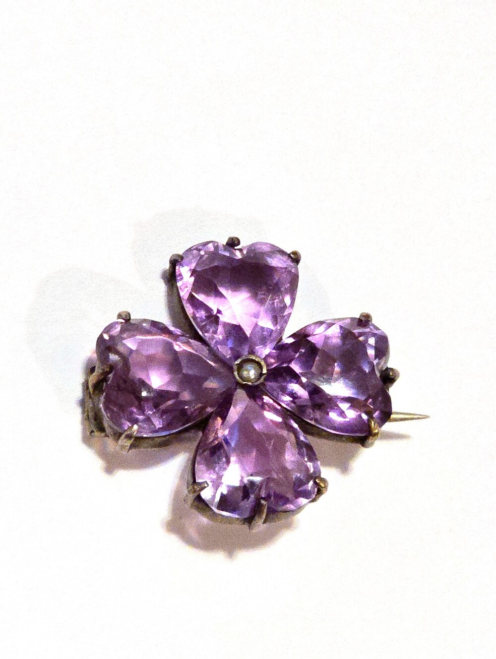 Antique four leaf clover pin brooch purple gems seed pearl Edwardian Victorian